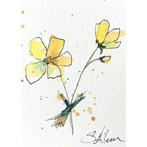 Other - ACEO Painting Watercolor Ink Yellow Flower Green Botanical Minimalist Signed